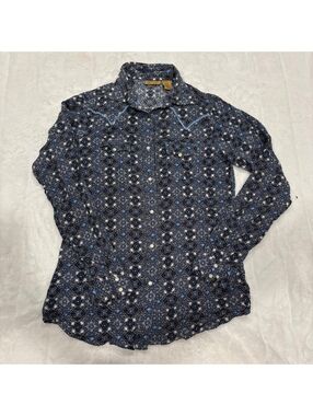 Wrangler Blue Patterned Western Shirt Men's Small Cotton Casual Button-Up